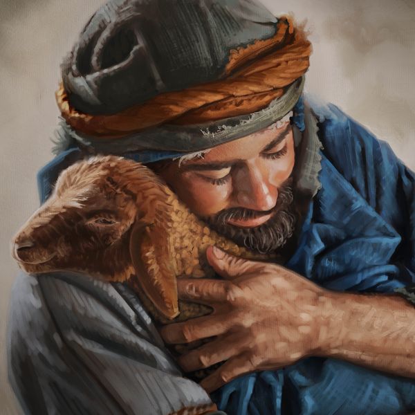 A shepherd lovingly cradling his lamb in his arms.