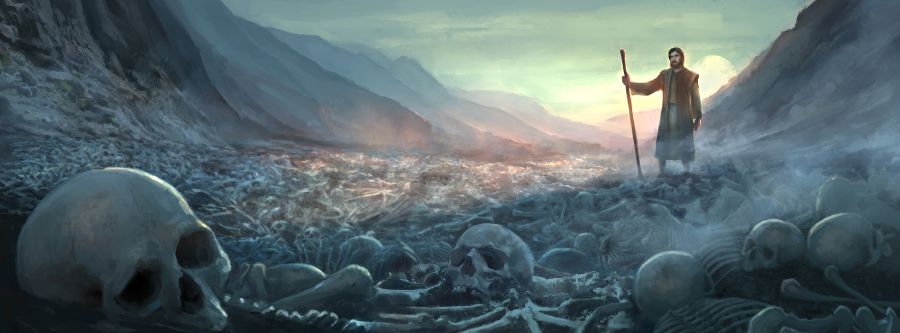 Ezekiel looking at a valley that is covered with dry bones.