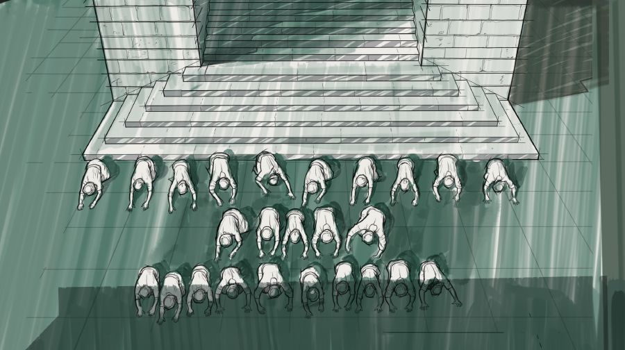 Twenty-five men in the inner courtyard of the temple bowing down to the sun.