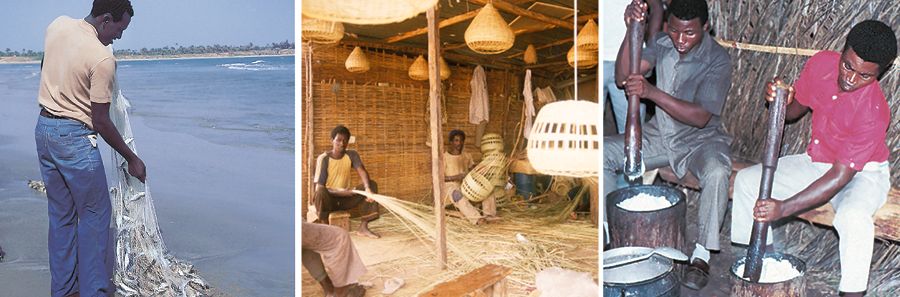 A woman washes vegetables; men make straw baskets; men and women work on a construction project
