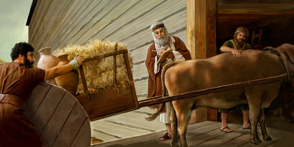 Noah and two of his sons getting things ready before the flood