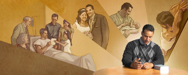 A man thanks Jehovah in prayer for blessing him with the ransom sacrifice, his child, his marriage mate, and good friends