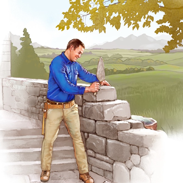 A young man in paradise uses a trowel to build a stone wall