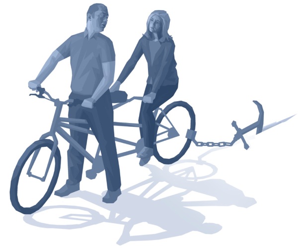 A married couple on a tandem bike unable to move forward due to a heavy anchor