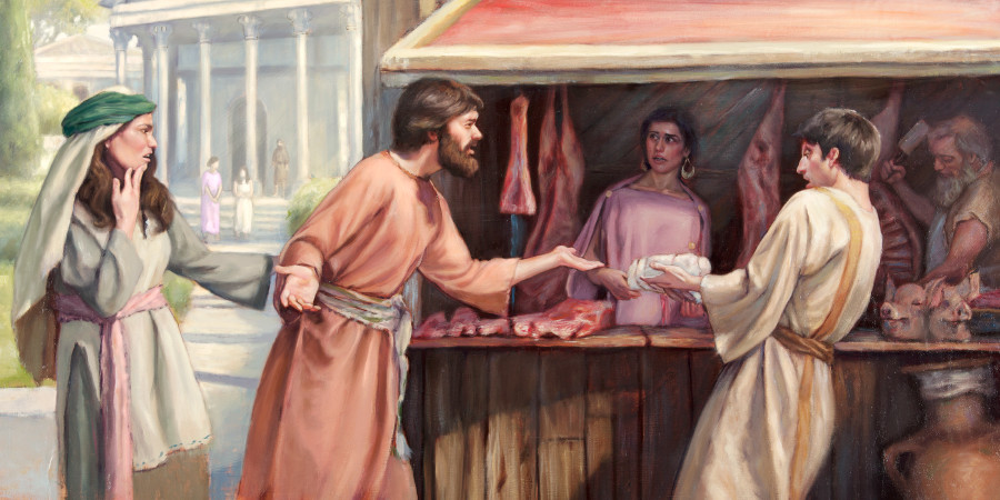 At an ancient meat market, a couple is offended when they observe a fellow Christian buying meat