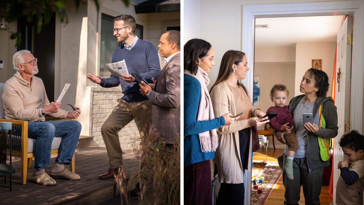 Collage: 1. Two brothers speak with an older man who sits on a porch outside his home. 2. Two sisters share the “Enjoy Life Forever!” brochure with a mother at her apartment door. The mother holds her young son in her arms while her other son stands near her.