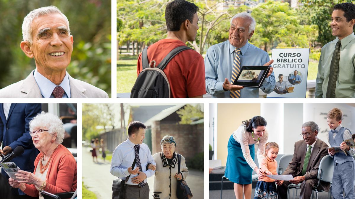 Collage: Elderly brothers and sisters enjoying their service to Jehovah. 1. A brother smiles as he confidently looks ahead. 2. A sister in a wheelchair offers a tract to a health-care worker. 3. A sister comments at a meeting. 4. A sister holds on to a younger brother’s arm as they work together in the field ministry. 5. A brother spends time with two young children and their mother at the Kingdom Hall.