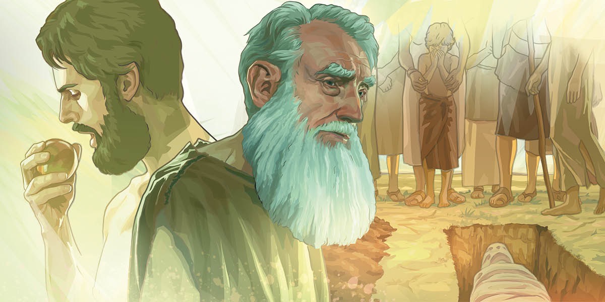 Adam eats the forbidden fruit; Adam as an old man; people stand at Adam’s grave