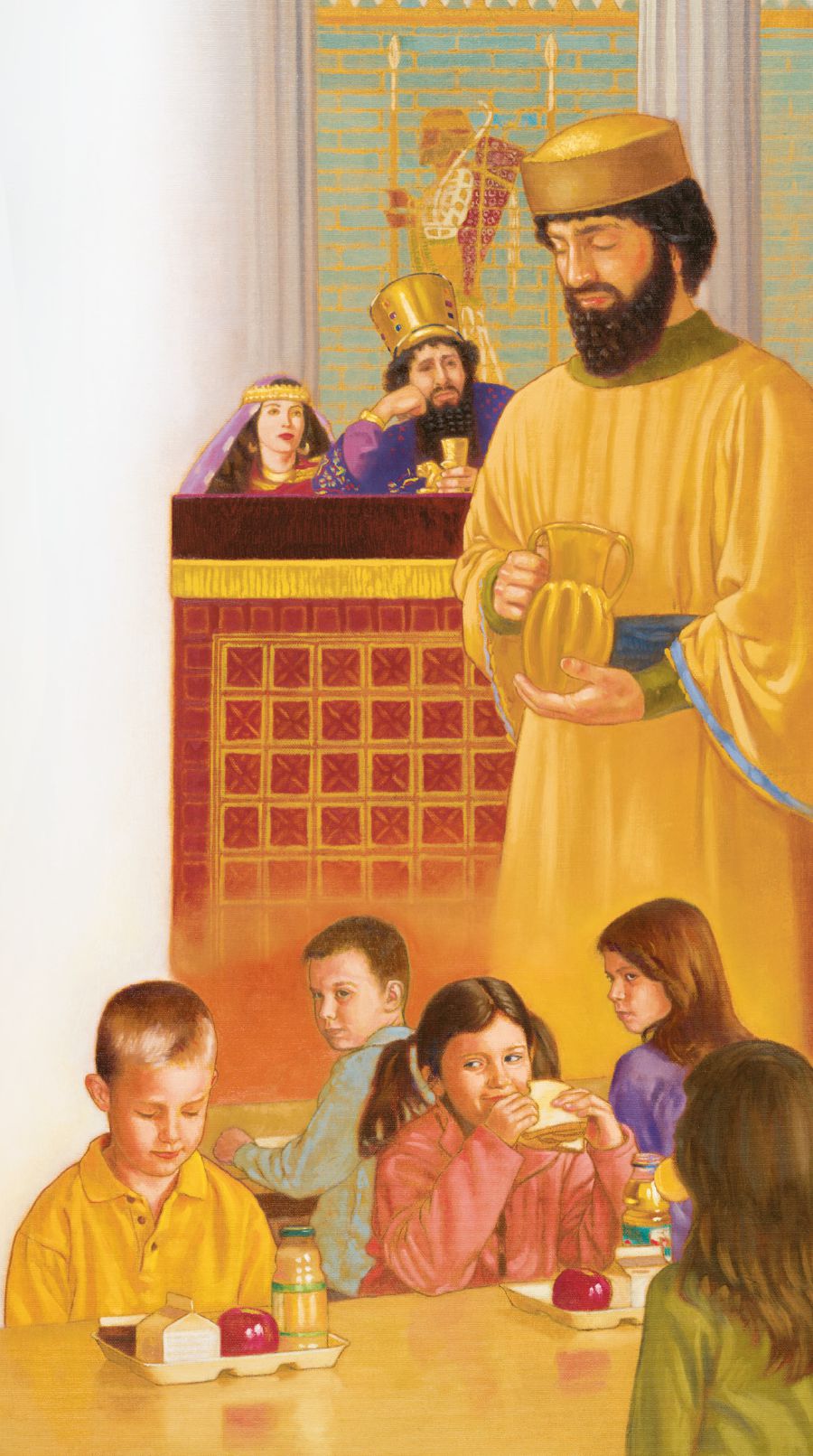 Nehemya ürəyində dua edir; oğlan məktəbdə yemək yeməmişdən qabaq ürəyində dua edir