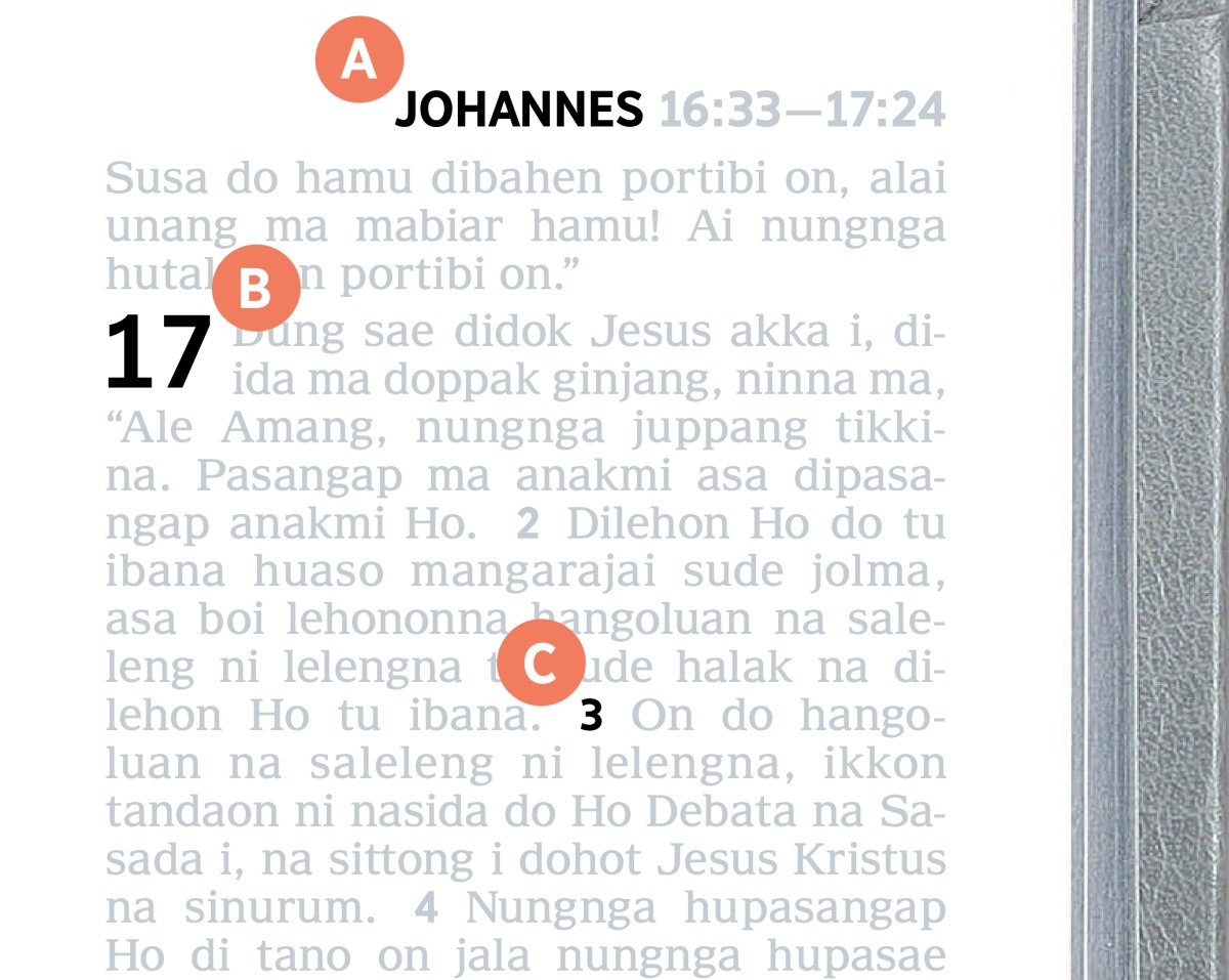 Gambar na patuduhon huruf A, B, dohot C na adong di halaman ni Bibel.