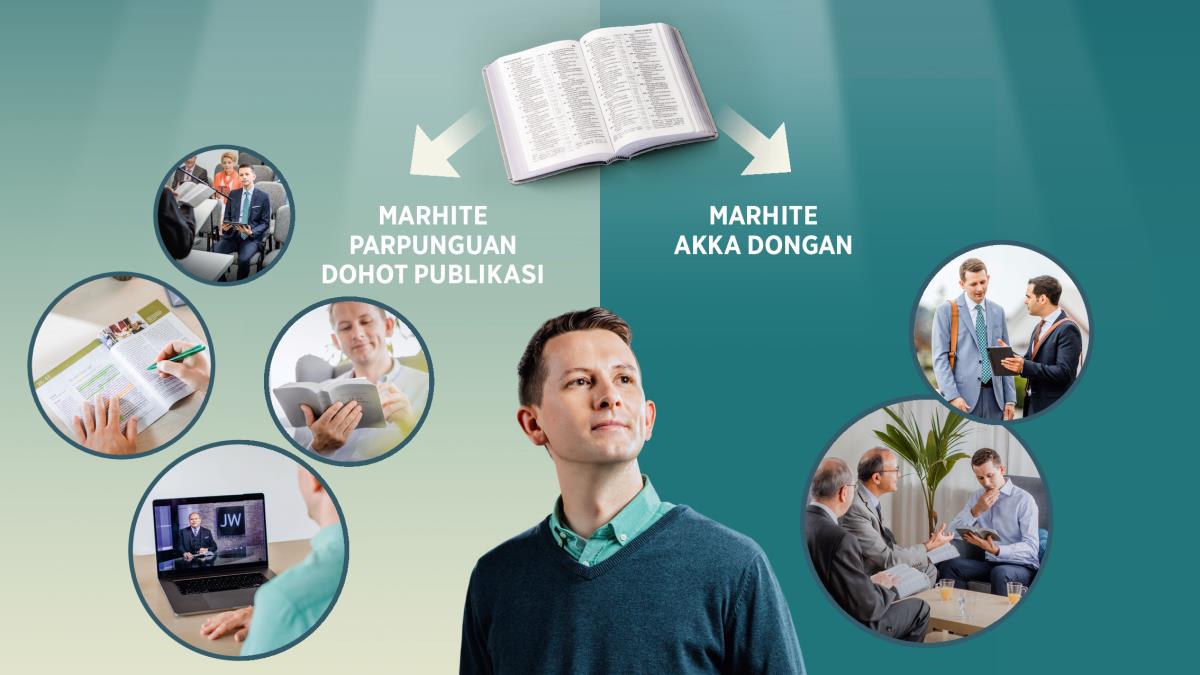 Akka gambar: Sahalak donganta bawa mangarimangi sipasingot na ro sian marragam cara. Sipasingot sian Bibel boi do ro sian publikasi dohot parpunguan, boi muse ro sian akka dongan. 1. Sipasingot marhite publikasi dohot parpunguan: donganta bawa i ro tu parpunguan; dijaha ibana do Bibel; ditotton ibana do acara JW Broadcasting; diparsiajari ibana do publikasi. 2. Sipasingot marhite akka dongan: donganta i manangihon nasehat sian dongan na asing na mambagihon informasi sian tabletna; dapot penggembalaan do ibana sian dua donganta bawa.