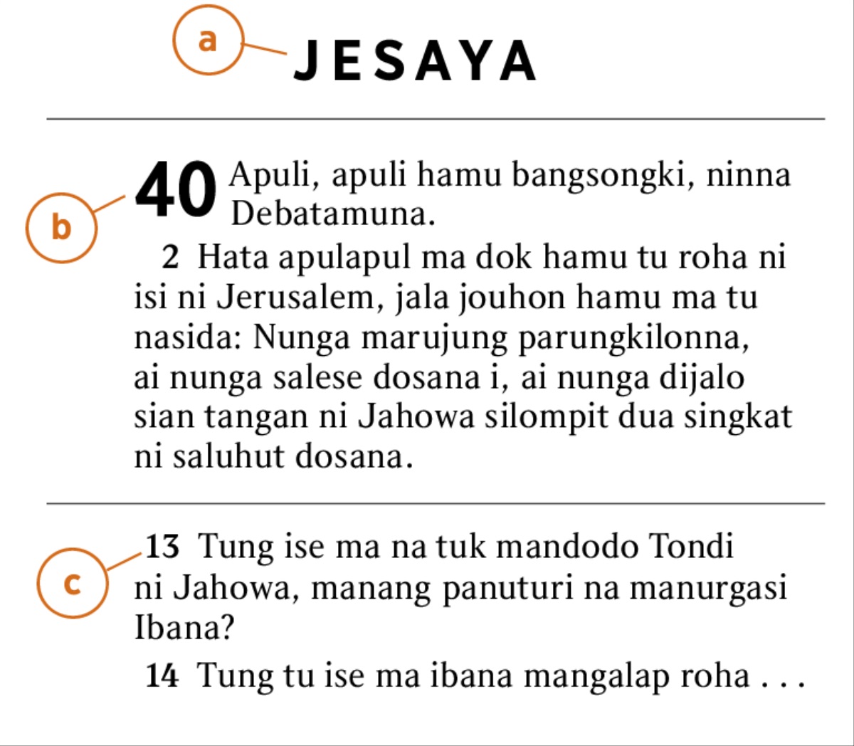 Sada ayat di Bibel patuduhon a) buku b) bindu dohot c) ayat