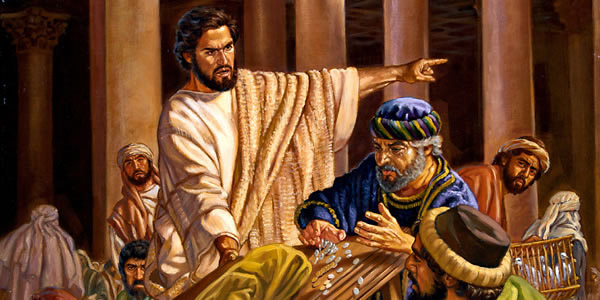 Si Jesus na ibinabalintong an lamesa na gamit kan mga pararibay nin kuwarta asin pinagbubutan an mga ini na humali sa templo.