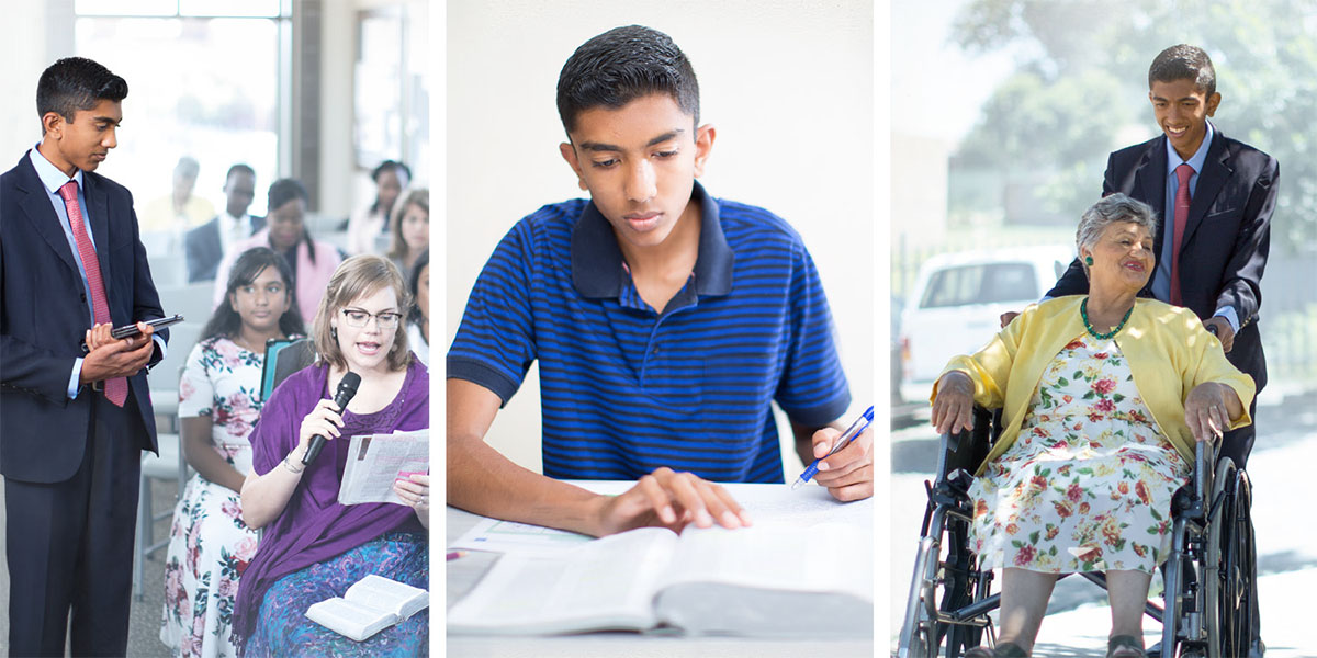 Sarong hoben na brother na nagtatabang sa pag-abot nin mikropono sa pagtiripon kan kongregasyon, nagpe-personal study, saka itinutulod an wheelchair kan sarong may edad nang sister