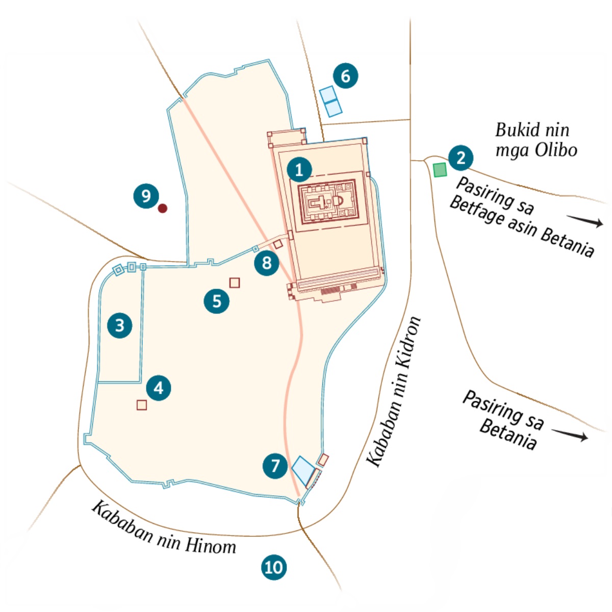 Mapa kan Jerusalem asin kan nakapalibot diyan na mga lugar. Nakalista an midbid na mga lokasyon asin an posibleng mga lokasyon. 1. Templo. 2. Hardin nin Getsemane. 3. Palasyo kan Gobernador. 4. Harong ni Caifas. 5. Palasyo na ginamit ni Herodes Antipas. 6. Karigusan nin Betzata. 7. Karigusan nin Siloam. 8. Pigtitiripunan kan Sanhedrin. 9. Golgota. 10. Akeldama.