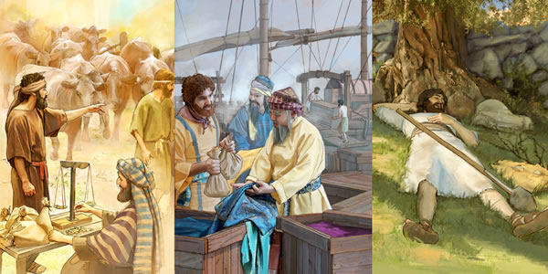 Sarong uripon na ipinagnenegosyo an limang talento; an saro, duwang talento; asin an saro pa, itinalbong sa daga an sarong talento dangan nagturog