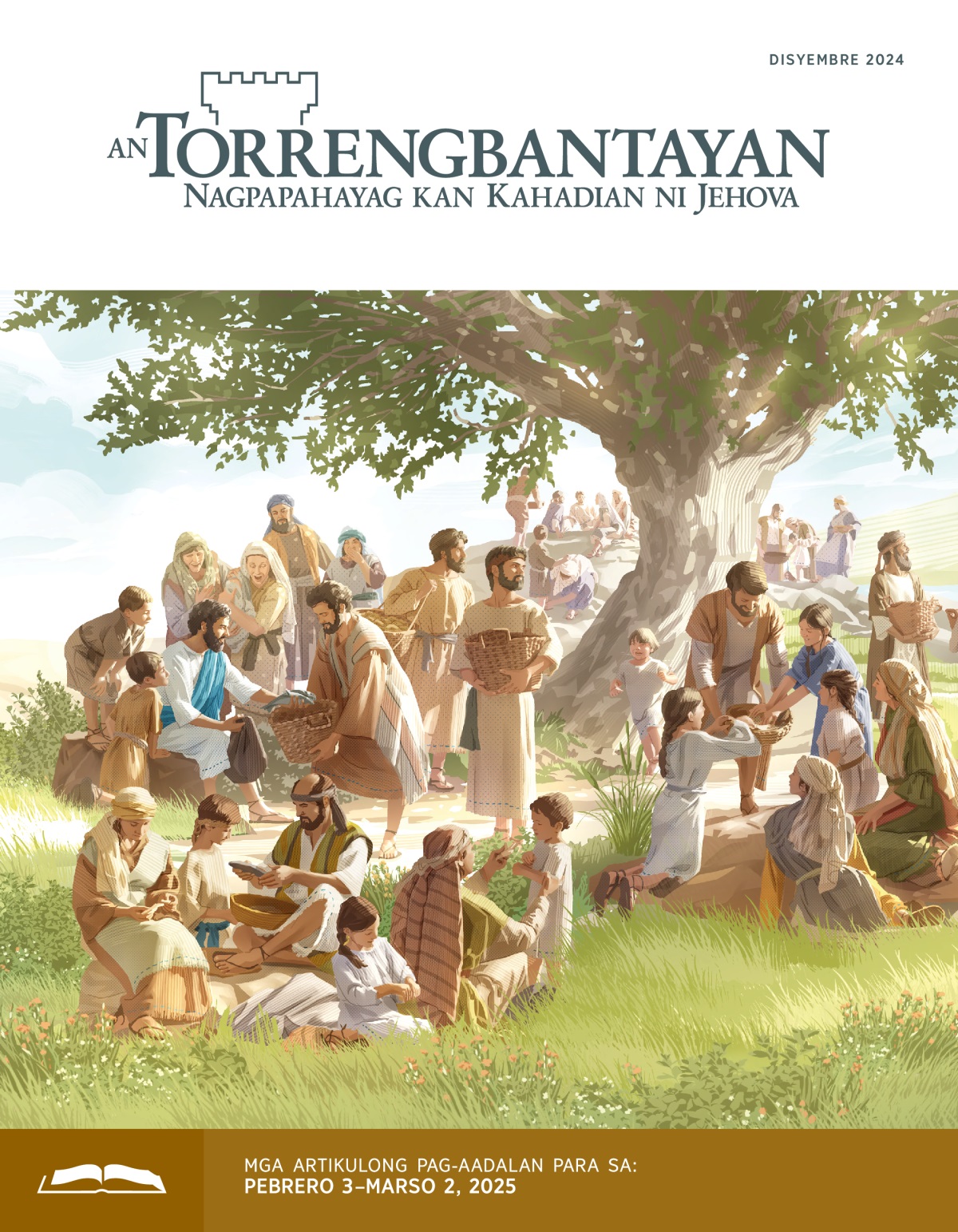 Si Jesus na tinatawan nin tinapay asin sira an saiyang mga disipulo. Idinistribwir kan mga disipulo an kakanon sa dakul na tawo​—mga lalaki, babayi, asin mga aki.