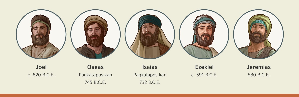Collage: Mga propeta na isinugo ni Jehova para itanos an saiyang masinuway na banwaan. 1. Joel: mga 820 B.C.E. 2. Oseas: pagkatapos kan 745 B.C.E. 3. Isaias: pagkatapos kan 732 B.C.E. 4. Ezekiel: mga 591 B.C.E. 5. Jeremias: 580 B.C.E.