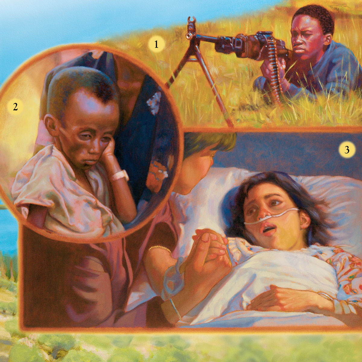 Umulumendo alelwa mu nkondo, umwana ali ne nsala, umukashana nalwala