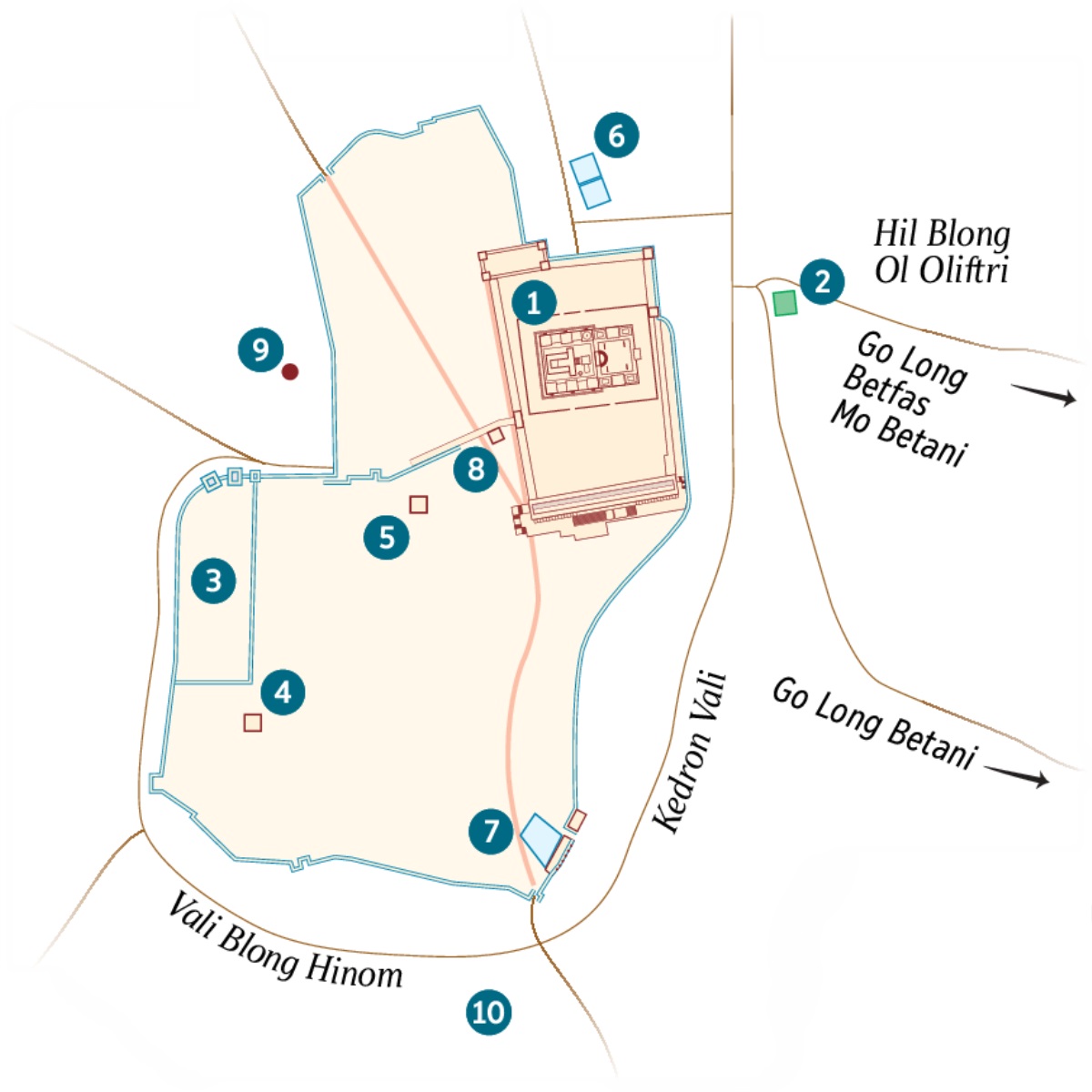 Wan map we i soem Jerusalem mo ol ples raonabaot. Lis blong ol ples. 1. Tempol. 2. Garen Blong Getsemane. 3. Pales Blong Hed Gavman. 4. Haos Blong Kaeafas. 5. Pales We Herod Antipas i Yusum. 6. Pul Blong Betsata. 7. Pul Blong Saeloam. 8. Rum Blong Sanhedrin. 9. Golgota. 10. Akeldama.