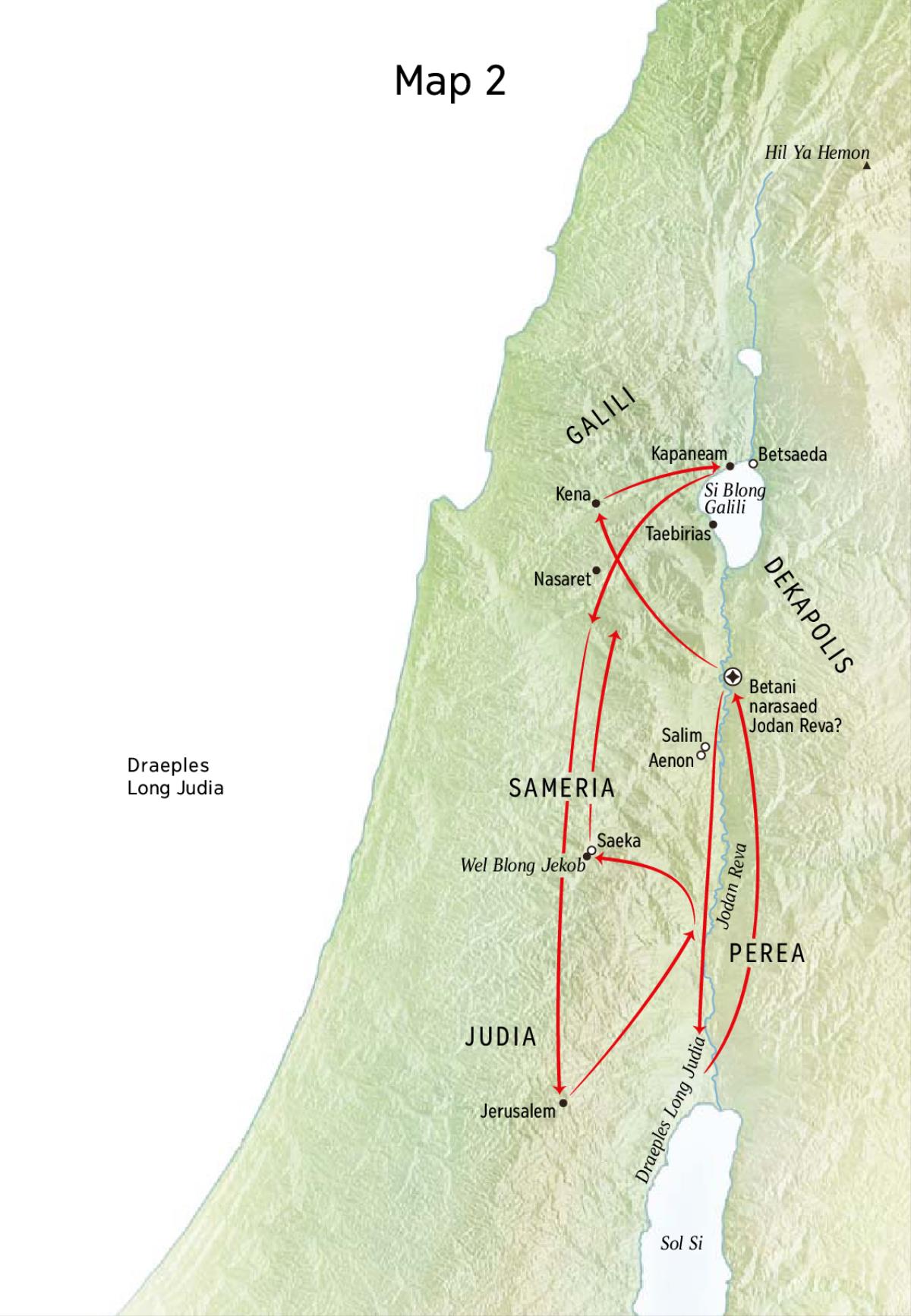 Map blong ol ples long laef blong Jisas, olsem Jodan Reva mo Judia