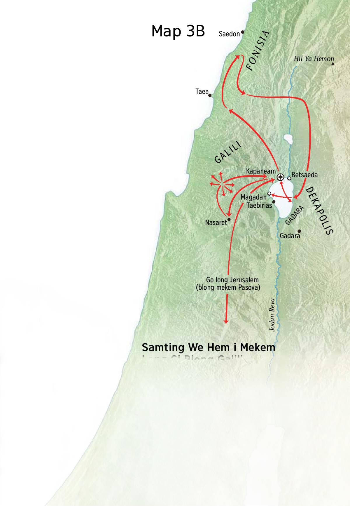 Map blong ol ples we i joen wetem minista wok blong Jisas long Galili, Fonisia, mo Dekapolis
