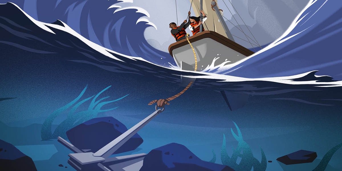 An anchor keeps a boat steady during a storm