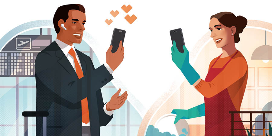 একজন ব্যক্তি এয়ারপোর্টে দাঁড়িয়ে ভিডিও কল করে তার স্ত্রীর সঙ্গে কথা বলছেন, যিনি বাড়িতে রয়েছেন।