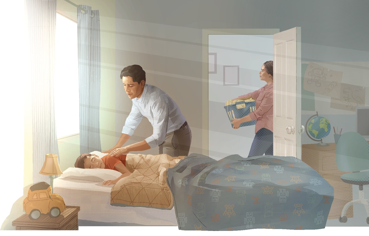 একজন বাবা আদর করে তার ছেলেকে ঘুম থেকে ডেকে তুলছেন।