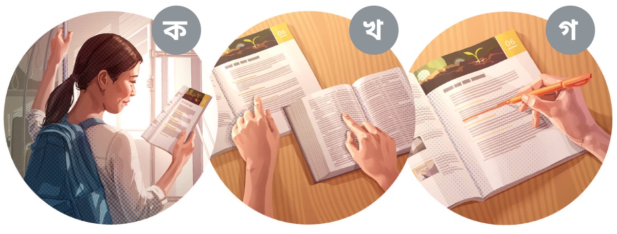 কোলাজ: একজন মহিলা তার বাইবেল অধ্যয়নের জন্য প্রস্তুতি নিচ্ছেন। ক. তিনি পাঠের প্রথম পৃষ্ঠাটা পড়ছেন। খ. তিনি উল্লেখিত শাস্ত্রপদগুলো বাইবেল থেকে পড়ছেন। গ. তিনি পাঠের মুখ্য শব্দগুলোর নীচে দাগ দিচ্ছেন।