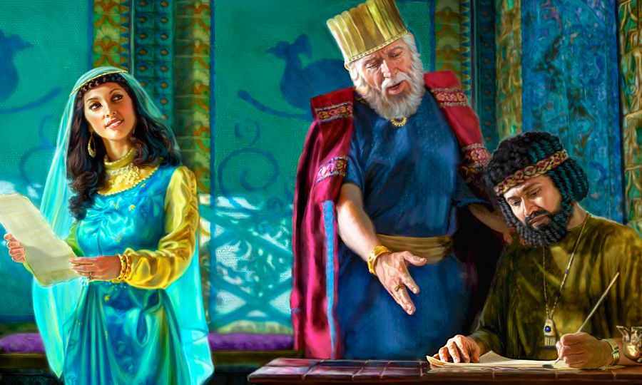 মর্দখয় সচিবকে একটা নতুন আইন লেখার জন্য আদেশ দিচ্ছন আর ইষ্টর তা দেখছন