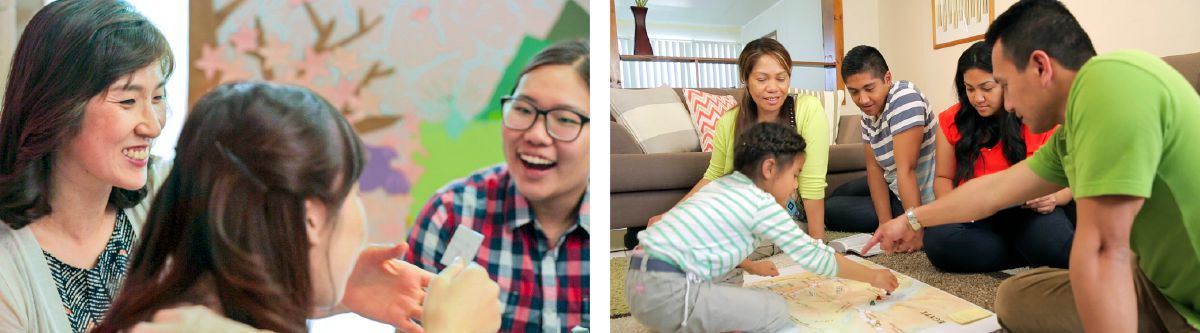 একক অভিভাবকের এক পরিবার পারিবারিক উপাসনা উপভোগ করছ; একটা পরিবার পারিবারিক উপাসনার সময় বাইবেলের সময়ের বিভিন্ন থানের মানচিত্র ব্যবহার করছ