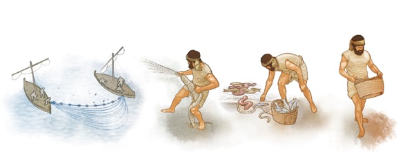 একটা টানা জালে সর্ব্বপকার মাছ ধরা পড়ে এবং ভালোগুলোকে একটা পাত্র জড়ো করে রাখা হয়