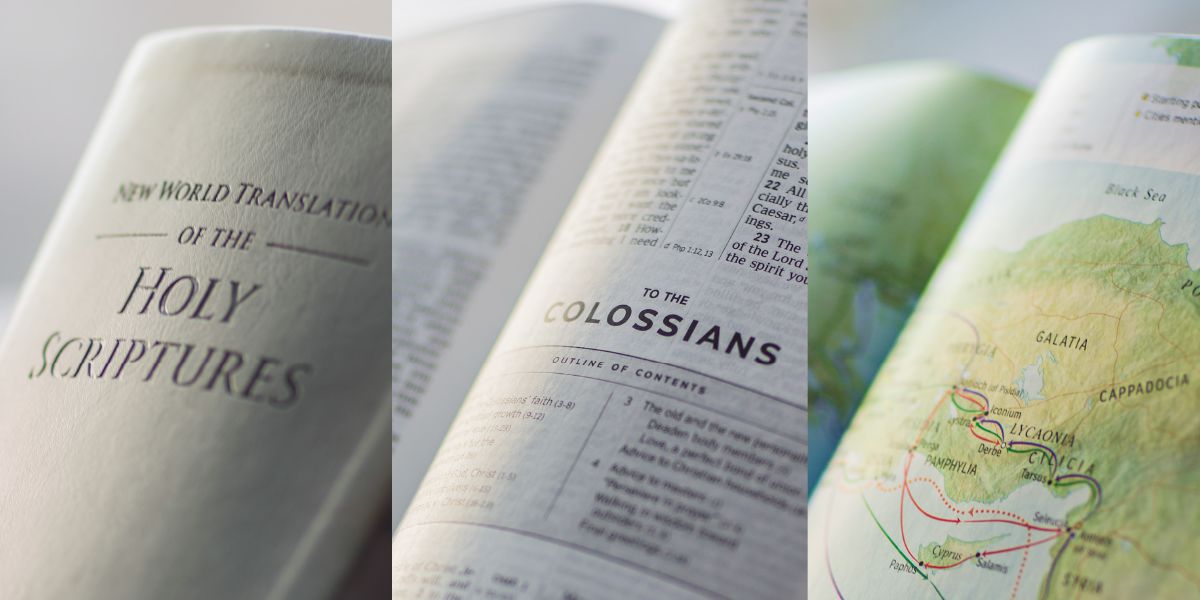 The cover of the revised New World Translation, the Outline of Contents for Colossians, and a map from Appendix B