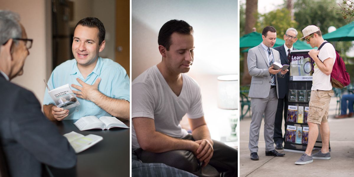 একজন ব্যক্তি বাইবেল অধ্যয়ন করছন, পার্থনা করছন এবং জনসাধারণ্যে সাক্ষ্যদানে অংশ গহণ করছন