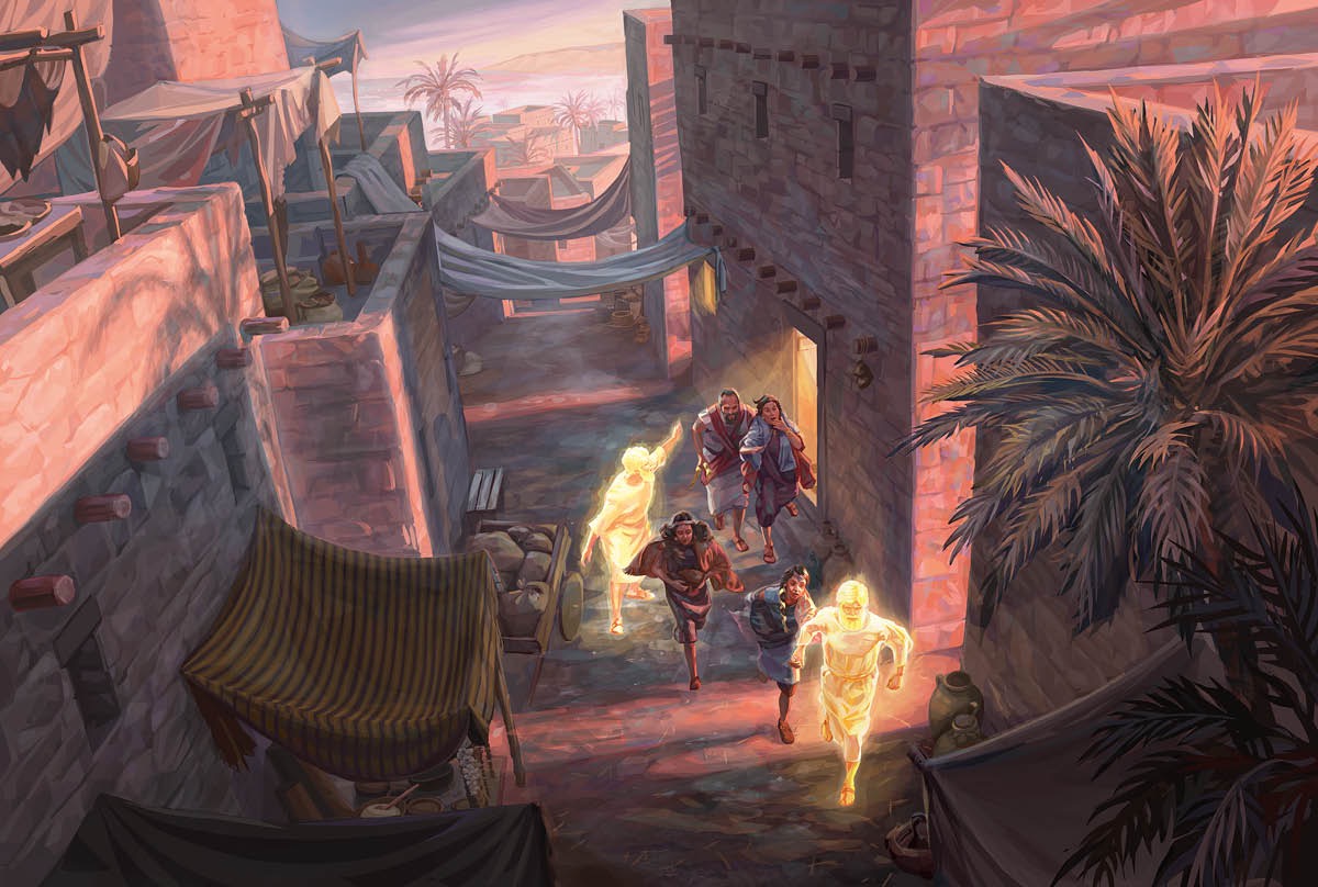 স্বর্গদূতেরা লোট ও তার পরিবারকে সদোম থেকে বাইরে নিয়ে যাচ্ছেন