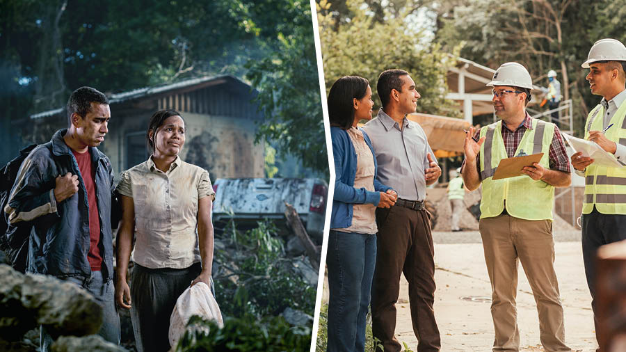 কোলাজ: ১. প্রচণ্ড ঝড়ের কারণে একটা দম্পতির ঘরের ক্ষয়ক্ষতি হয়েছে আর তারা খুবই দুশ্চিন্তার মধ্যে রয়েছেন। ২. পরে, তারা সেই ভাইদের সঙ্গে কথা বলছেন, যারা তাদের ঘর আবারও নির্মাণ করতে সাহায্য করছে।