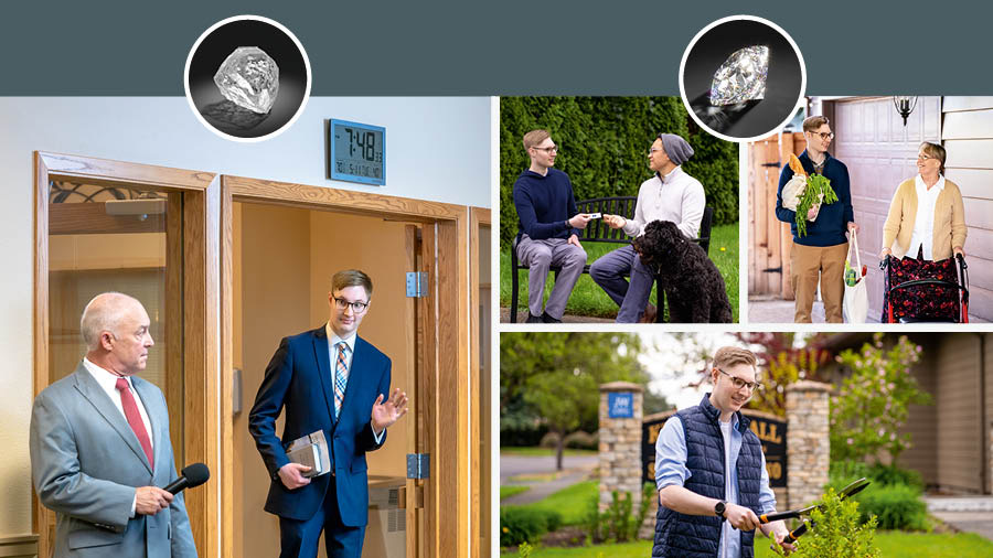 একটা হিরে পালিশ করা নেই। সেই ছবির নীচে দেখানো হয়েছে যে, একজন তরুণ ভাই সভাতে দেরি করে এসেছে আর একজন বয়স্ক ভাই তার দিকে ঘুরে তাকাচ্ছেন। কোলাজ: একটা হিরে পালিশ করা আছে। সেই ছবির নীচে সেই একই ভাইকে দেখানো হয়েছে। ১. একটা পার্কে সে একজন ব্যক্তিকে কনট্যাক্ট কার্ড দিচ্ছে। ২. সে একজন বয়স্ক মহিলার বাজারের জিনিস বয়ে নিয়ে যাচ্ছে। ৩. সে কিংডম হল রক্ষণাবেক্ষণের কাজ করছে।