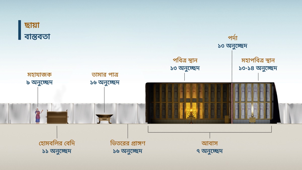 “ছায়া-বাস্তবতা” শিরোনামের চার্ট, যেখানে আবাসের বৈশিষ্ট্যগুলো দেখানো হয়েছে। ১. মহাযাজক; ৯ অনুচ্ছেদ দেখুন। ২. হোমবলির বেদি; ১১ অনুচ্ছেদ দেখুন। ৩. তামার পাত্র; ১৬ অনুচ্ছেদ দেখুন। ৪. ভিতরের প্রাঙ্গণ; ১৬ অনুচ্ছেদ দেখুন। ৫. আবাস; ৭ অনুচ্ছেদ দেখুন। ৬. পবিত্র স্থান; ১৩ অনুচ্ছেদ দেখুন। ৭. পর্দা; ১৩ অনুচ্ছেদ দেখুন। ৮. মহাপবিত্র স্থান; ১৩-১৪ অনুচ্ছেদ দেখুন।