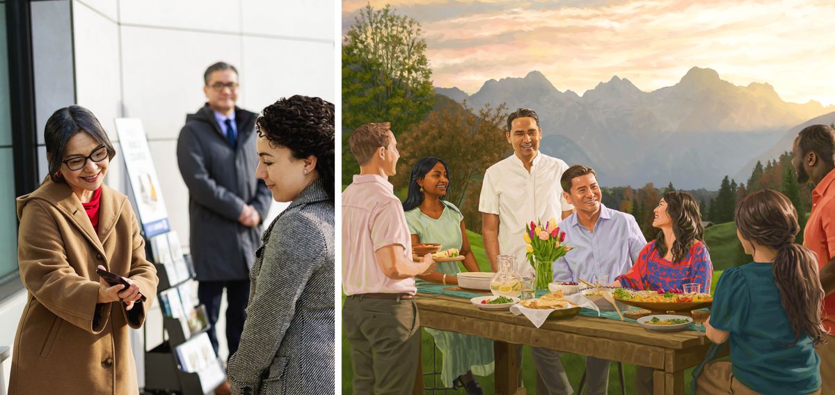 কোলাজ: ১. এক দম্পতি ট্রলি প্রচার করছেন। একজন মহিলা ট্রলির কাছে দাঁড়িয়ে আছেন আর সেই স্ত্রী তাকে তার ফোন থেকে কিছু উৎসাহজনক বিষয় দেখাচ্ছেন। সেই দম্পতি পরমদেশে অন্যদের সঙ্গে খাবার উপভোগ করছেন।