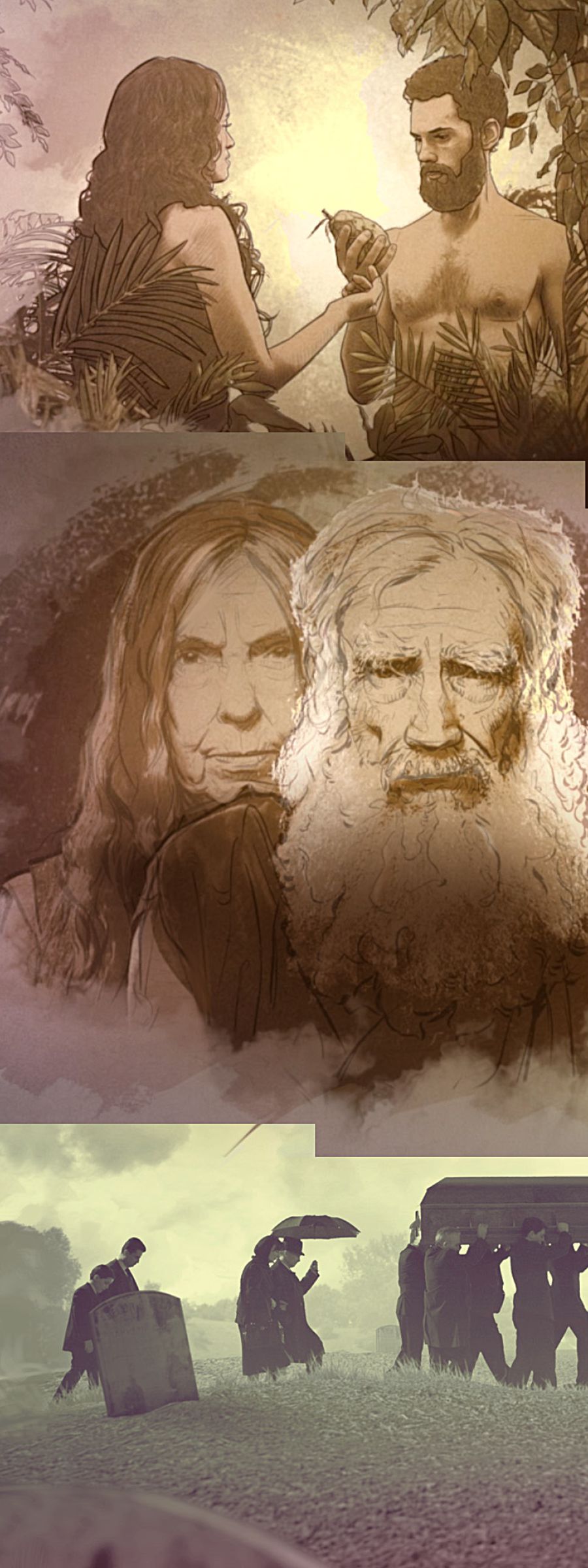 আদম ও হবা নিষিদ্ধ ফলটা দেখছন; আদম ও হবা বৃদ্ধ হয়ে গিয়েছন; সমাধিক্ষেত্র একটা কফিন বয়ে নিয়ে যাওয়া হচ্ছ