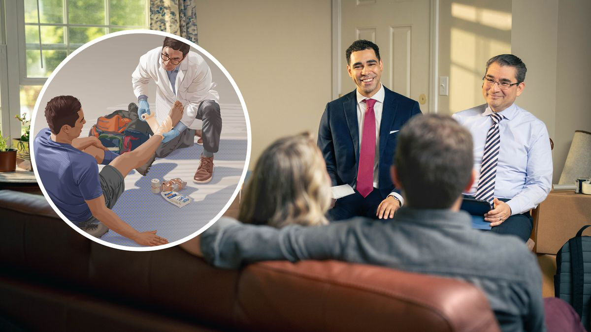 Two elders visiting one brother and his wife to their house. The small picture showing the doctor wrapping bandage around the man footing that hurt.