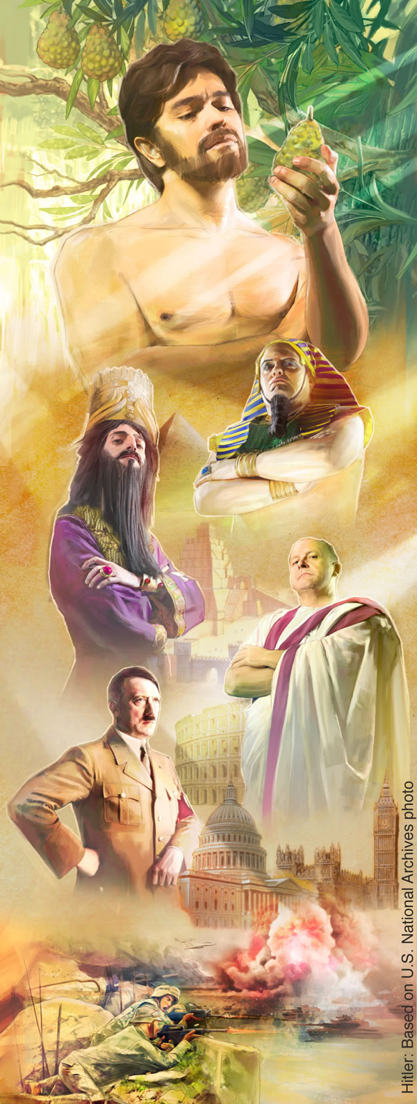 1. Adam looking at the forbidden fruit; 2. Various human rulers; 3. Mam ma boban e bita