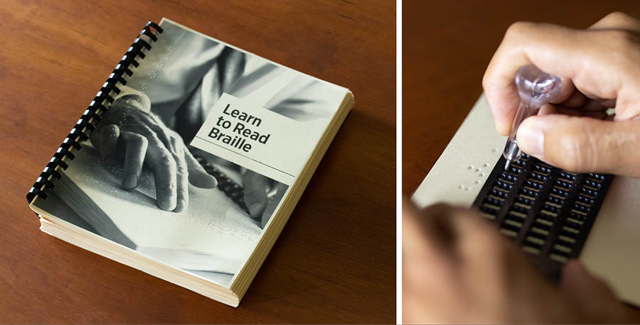 Befôtô: 1. Kalate ésaé “Learn to Read Braille” nkobô Énglis 2. Môt a belane biôm ba tili bie braille asu na a futi bikanga ya braille.