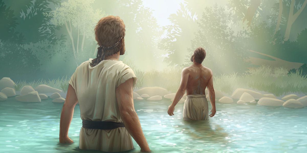 Juan el Bautista y Jesucristo en el río Jordán, miran hacia el cielo y una luz brillante los ilumina.