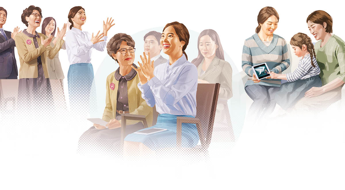 Imágenes de una estudiante de la Biblia que está aprendiendo a adorar a Dios como él quiere: 1. Cantándole alabanzas a Dios en una reunión de la congregación. 2. Comentando en una reunión de la congregación. 3. Enseñándoles un video basado en la Biblia a una mujer y a su hijita.