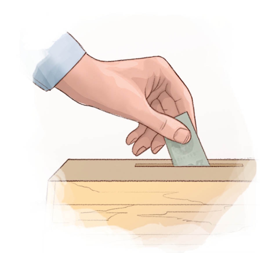 Echando dinero en una caja de contribuciones