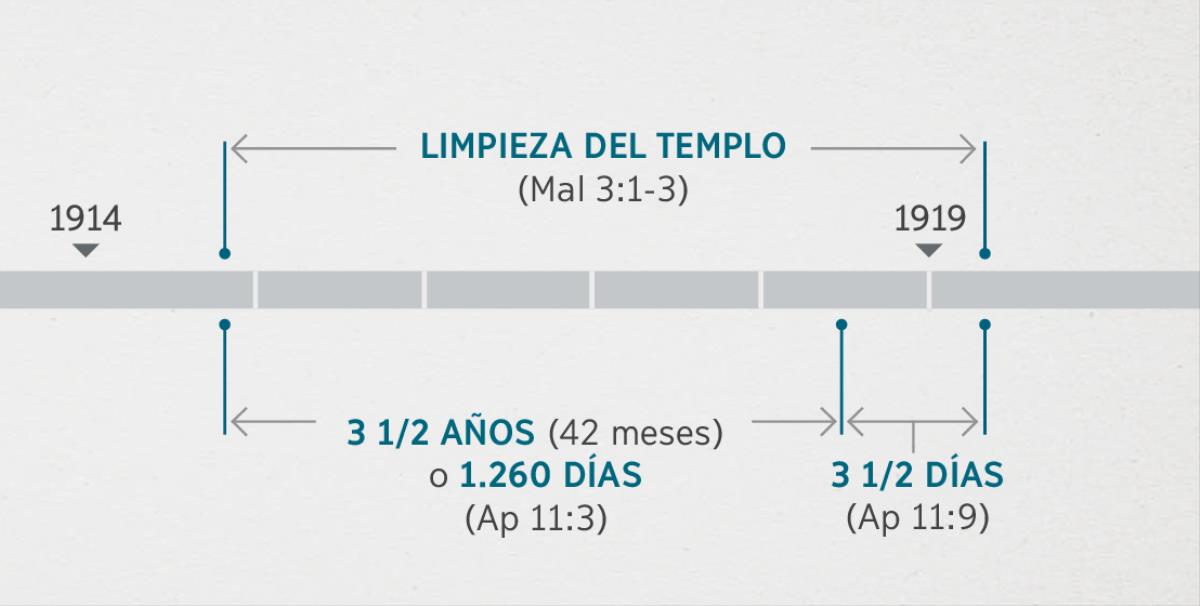 En Apocalipsis 11:1, 2 se relacionan estos sucesos con la inspección y limpieza del templo espiritual que se describe en Malaquías 3:1-3. La línea cronológica de esta profecía muestra: la limpieza del templo, que comenzó a finales de 1914 y terminó a principios de 1919; un período de tres años y medio (1.260 días), que va desde finales de 1914 hasta principios de 1918, y un período de tres días y medio, que va desde principios de 1918 hasta principios de 1919.