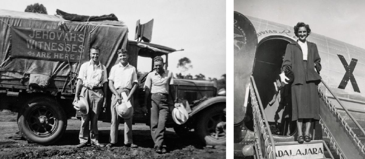 Tres hermanos solteros participando en una gira de predicación en Australia (1937). Una hermana soltera llegando a su asignación misional en México (1947)