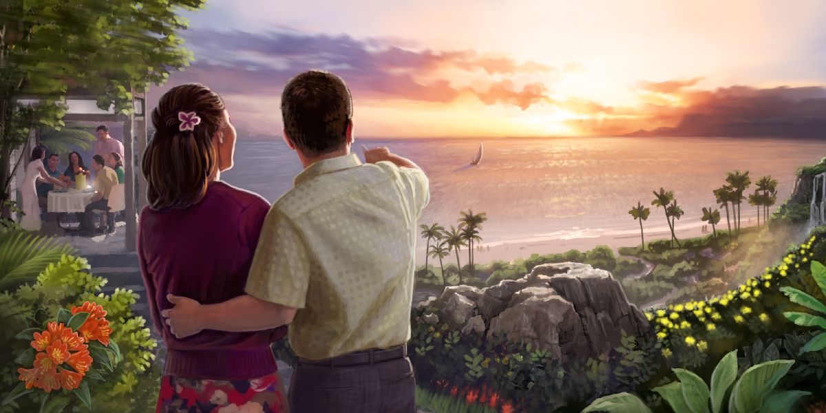 En el Paraíso, una pareja contemplando una puesta de sol mientras otras personas comen juntas